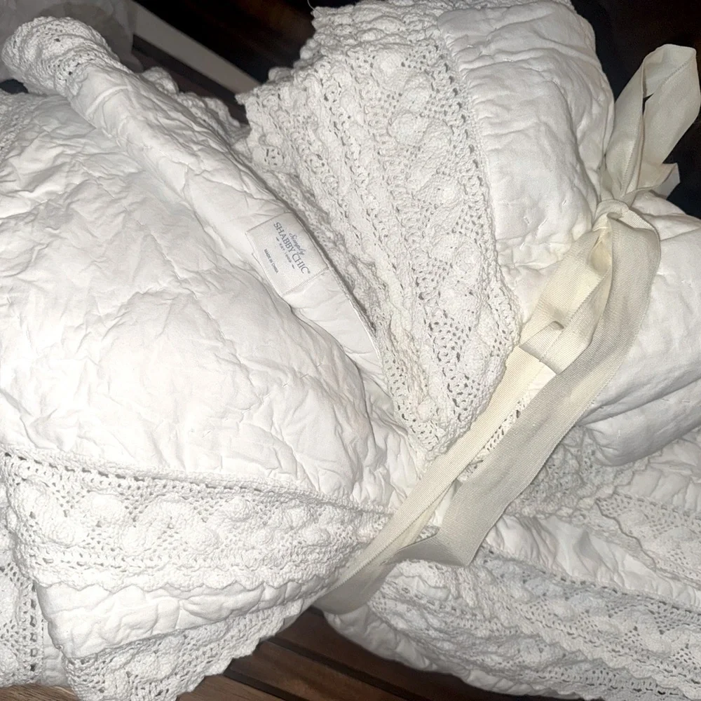 Simply Shabby Chic 3pc Quilt Shams Set Linen Blend Crochet Trim White Full Queen